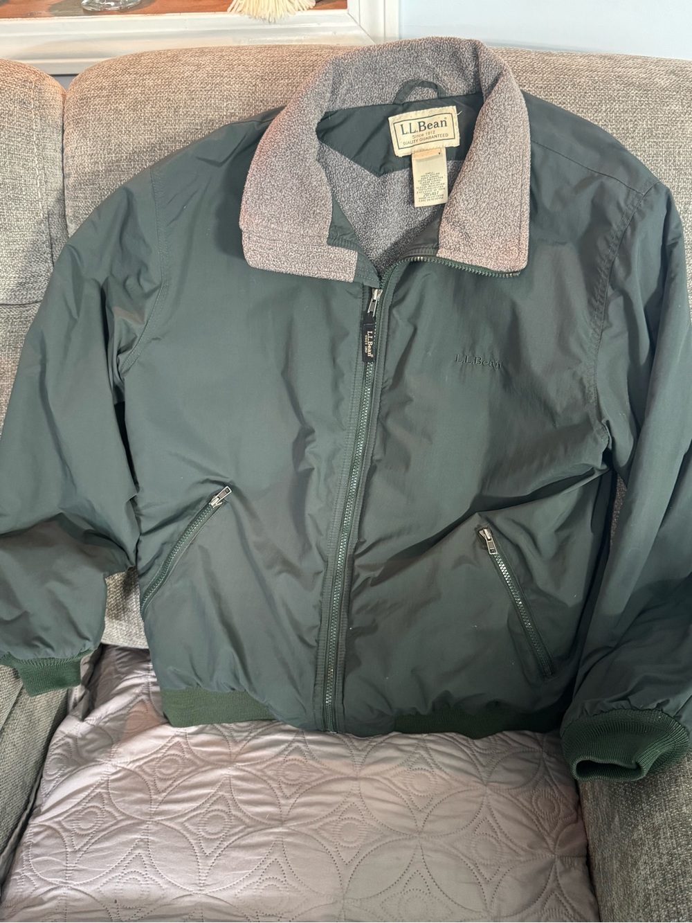 L.L. Bean Men's Forest Green Bomber Jacket with Gray Fleece Collar